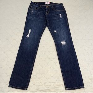 CAbi Distressed Dark Wash Midrise Cotton Stretch Skinny Boyfriend Jeans — 4